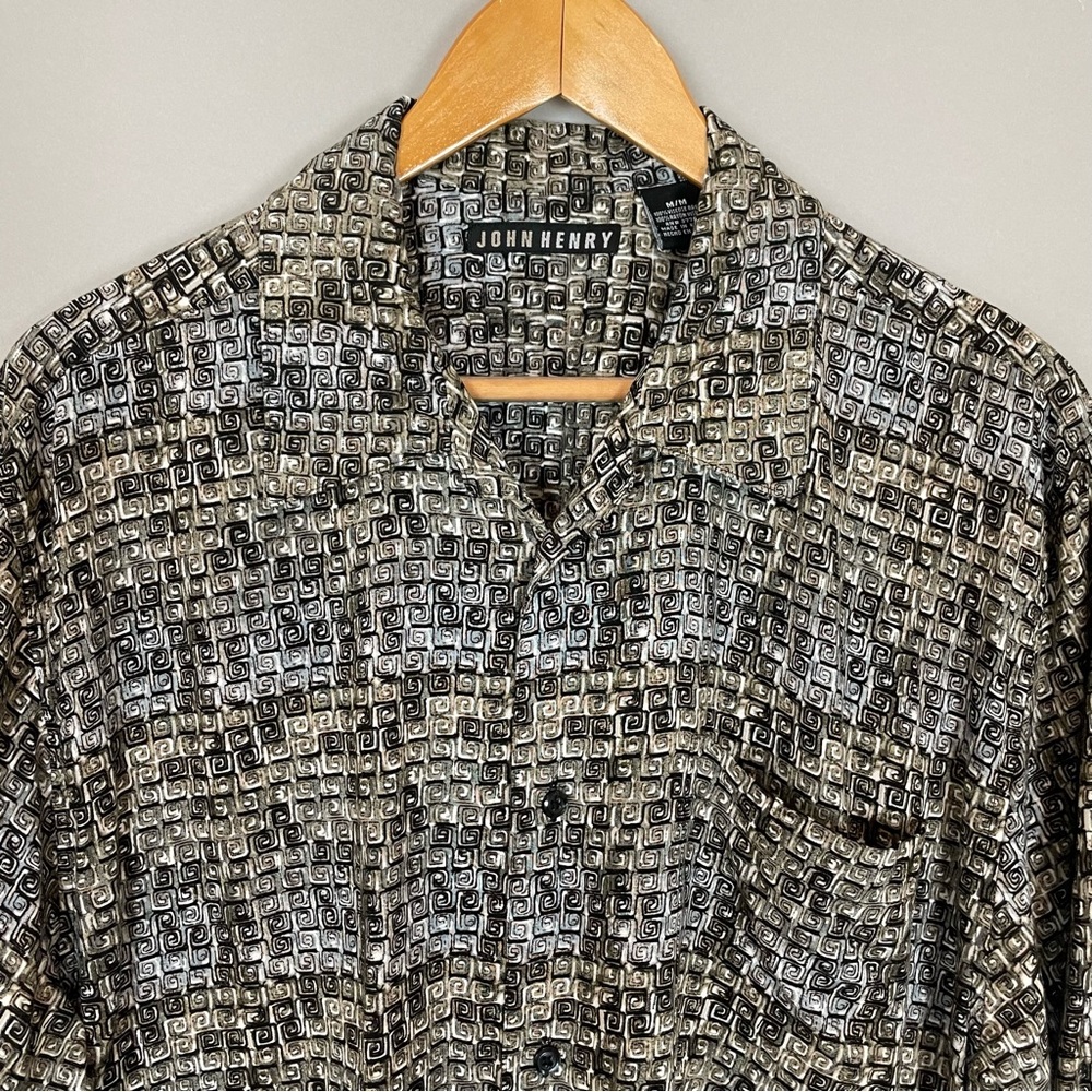 John Henry Rayon Shirt Men Medium Short‎ Sleeve Abstract Pattern Dad Button-Up